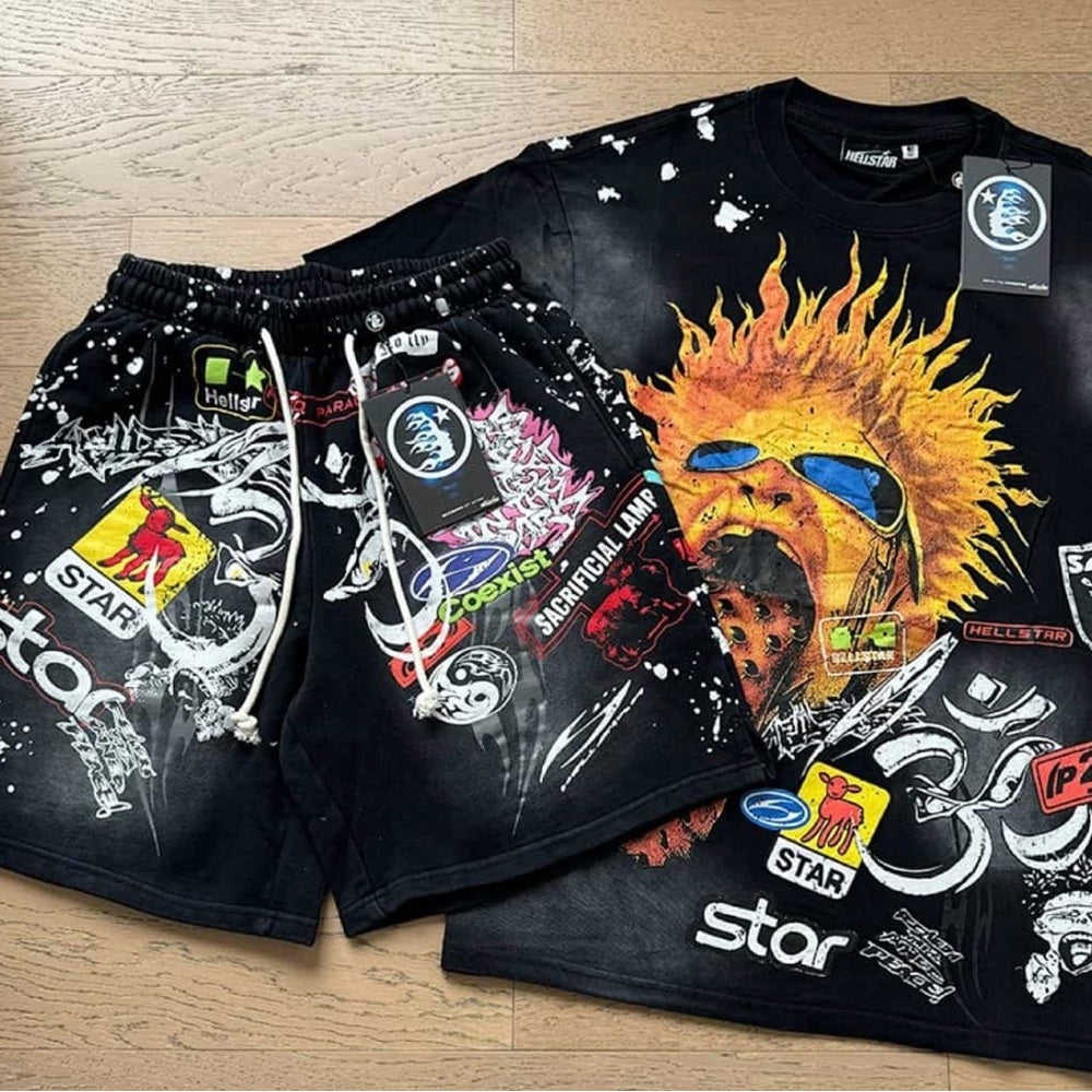 Hellstar Black Graphic Athletic Men’s Shorts - Multicolor Print